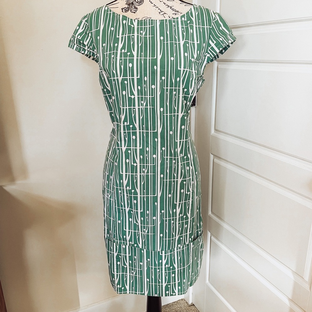 Tex by Max Azria Green Modern Print Multi  Pocket Shift Dress Sz Large
